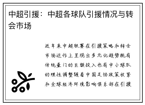 中超引援：中超各球队引援情况与转会市场
